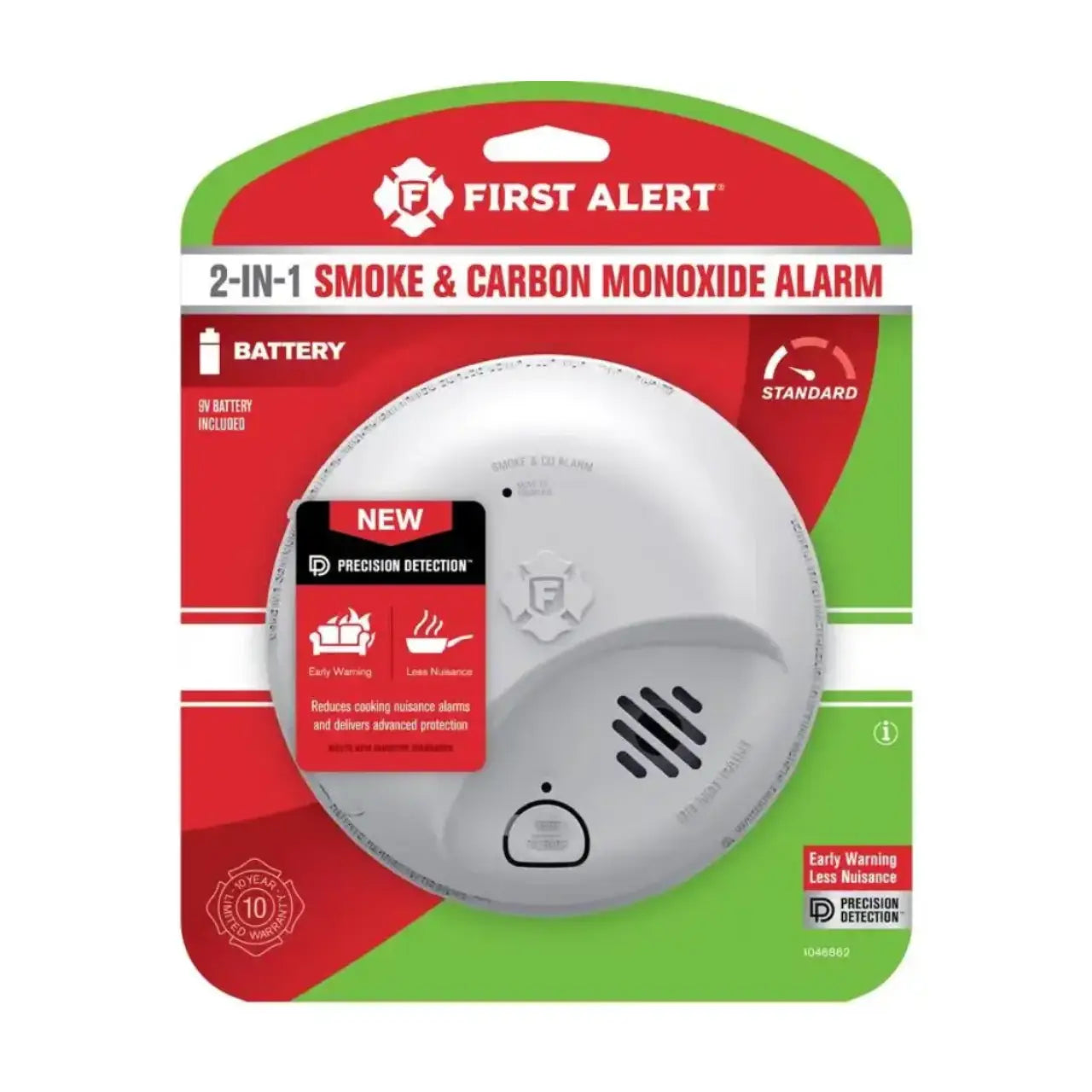 First Alert 2-in-1 smoke and carbon monoxide alarm packaging on a white background