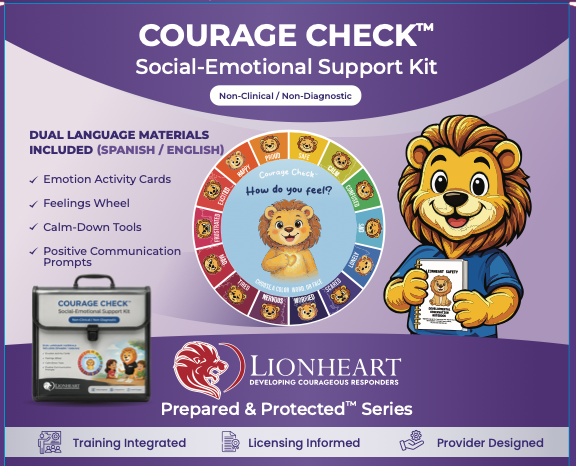 Promotional graphic for the Courage Check Social-Emotional Support Kit, showing a purple background with the Courage Check title, a circular multicolor feelings wheel, a cartoon lion character, and a boxed kit pictured on the left.