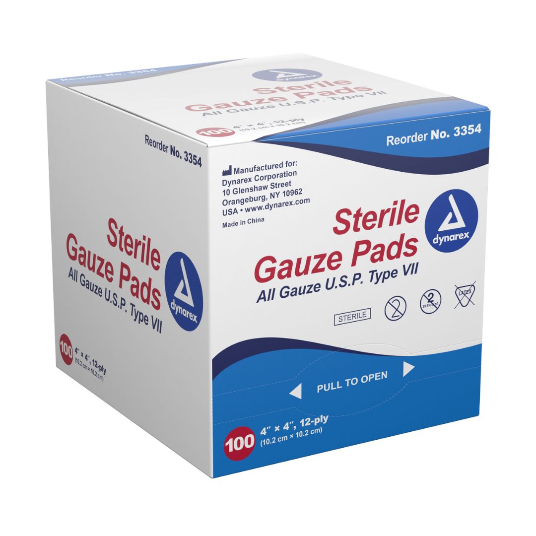Box of Dynarex sterile gauze pads on a white background