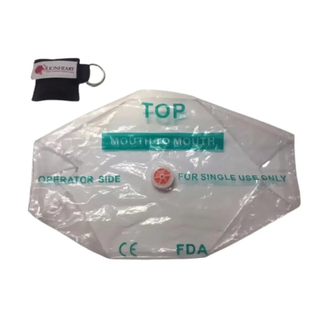 Mouth-to-mouth resuscitation bag with keychain and pouch on a white background