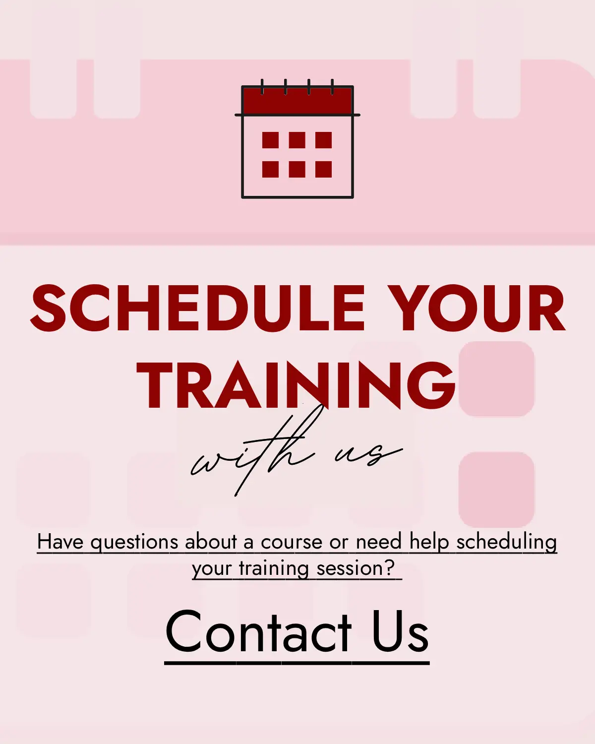 Promotional graphic for scheduling training sessions with contact information on a pink background.