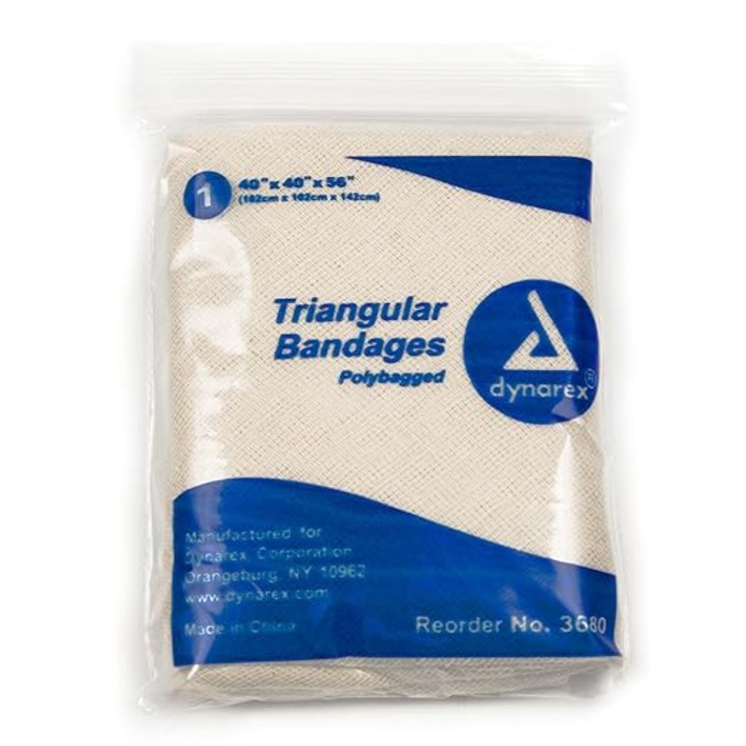 Packaged triangular bandages with Dynarex branding on a white background