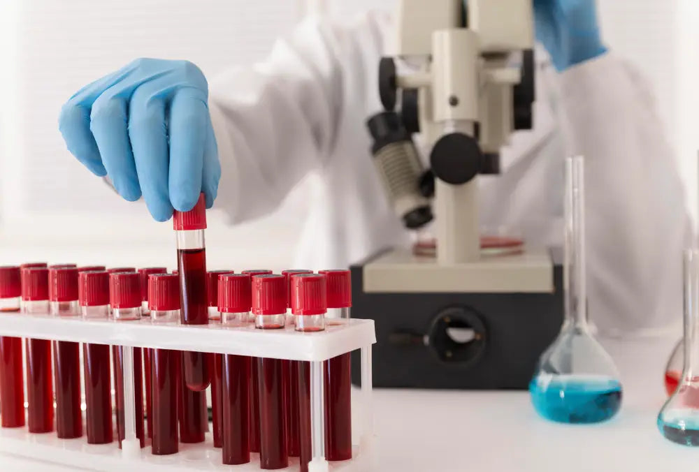 Laboratory setting with a person holding a blood sample tube and a microscope in the background.