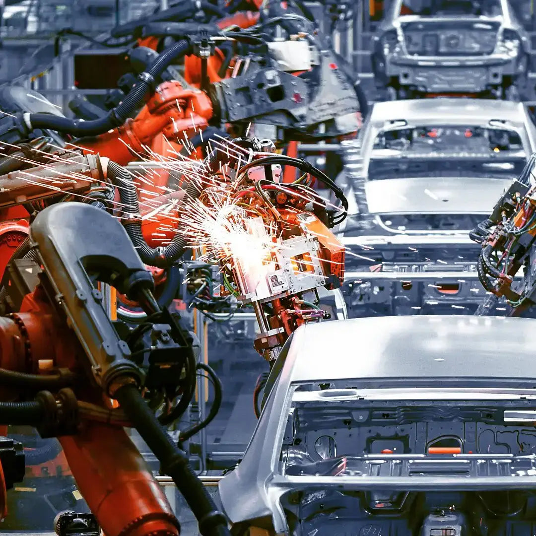 Automotive assembly line with robotic arms welding cars.
