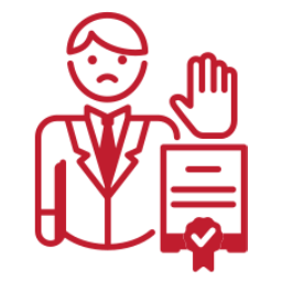Red icon of a person with a stop gesture and a document on a black background