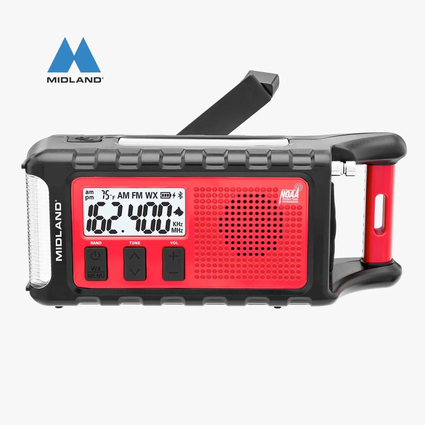 Red and black Midland radio on a white background