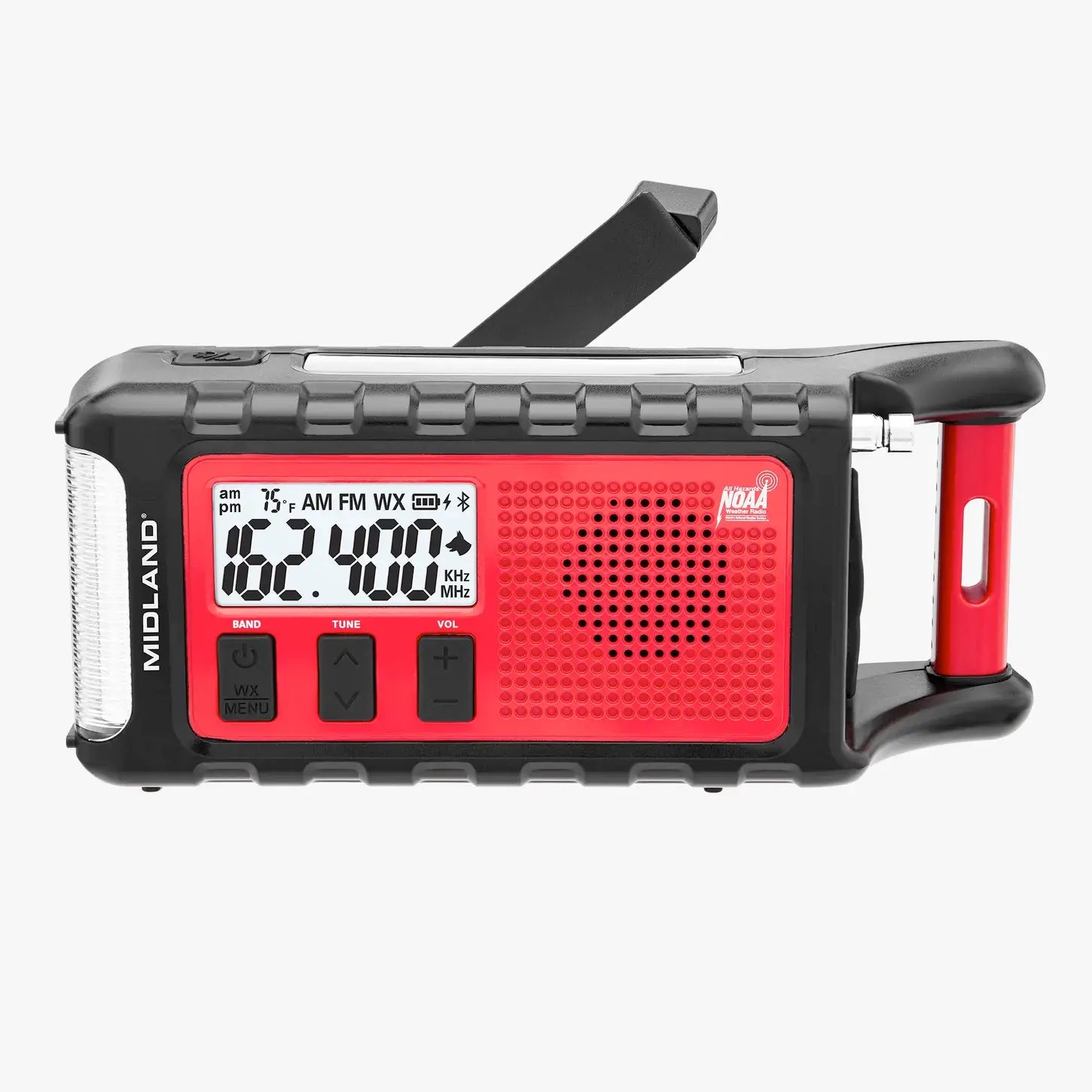 Red and black Midland radio on a white background