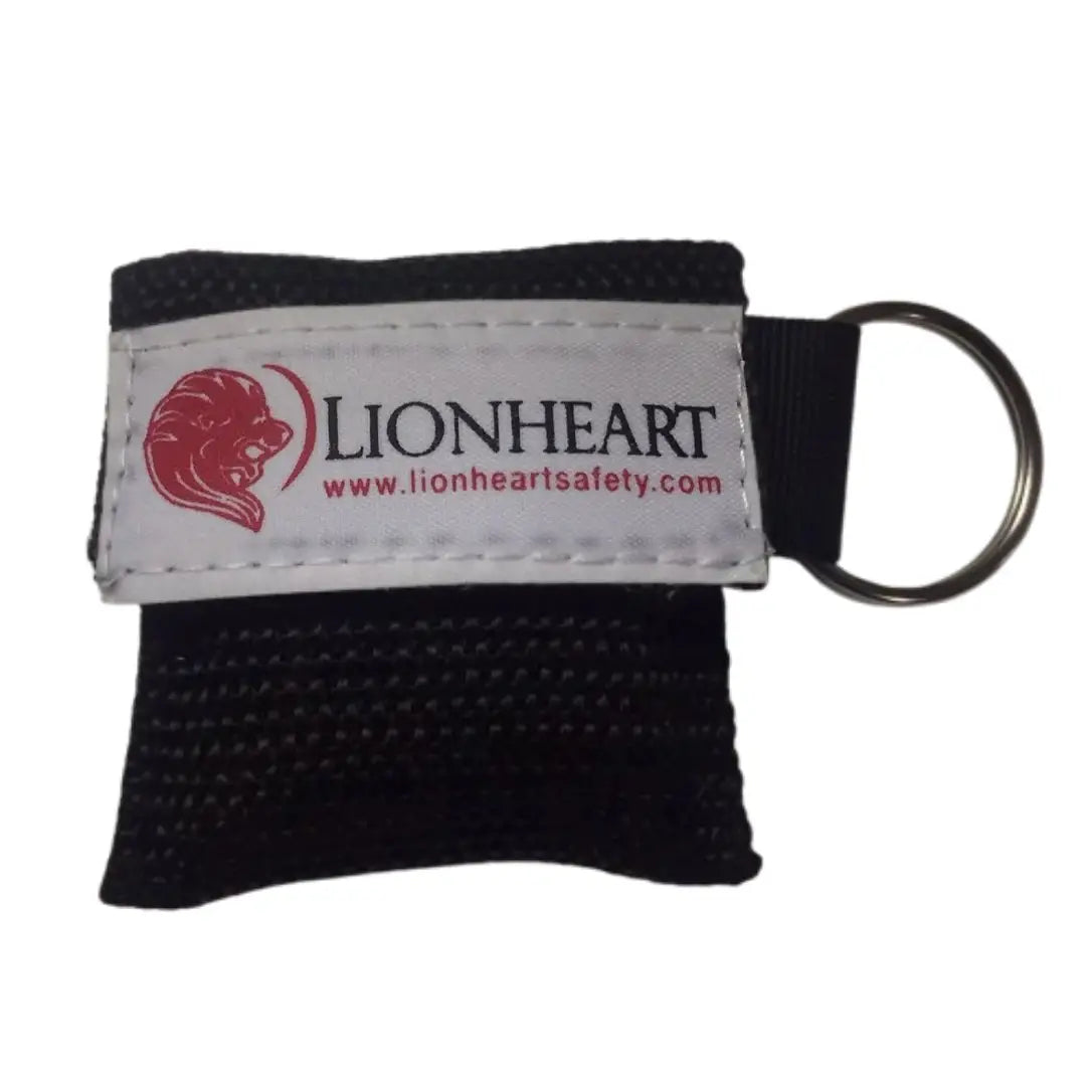 Black keychain pouch with Lionheart logo and website on a white background
