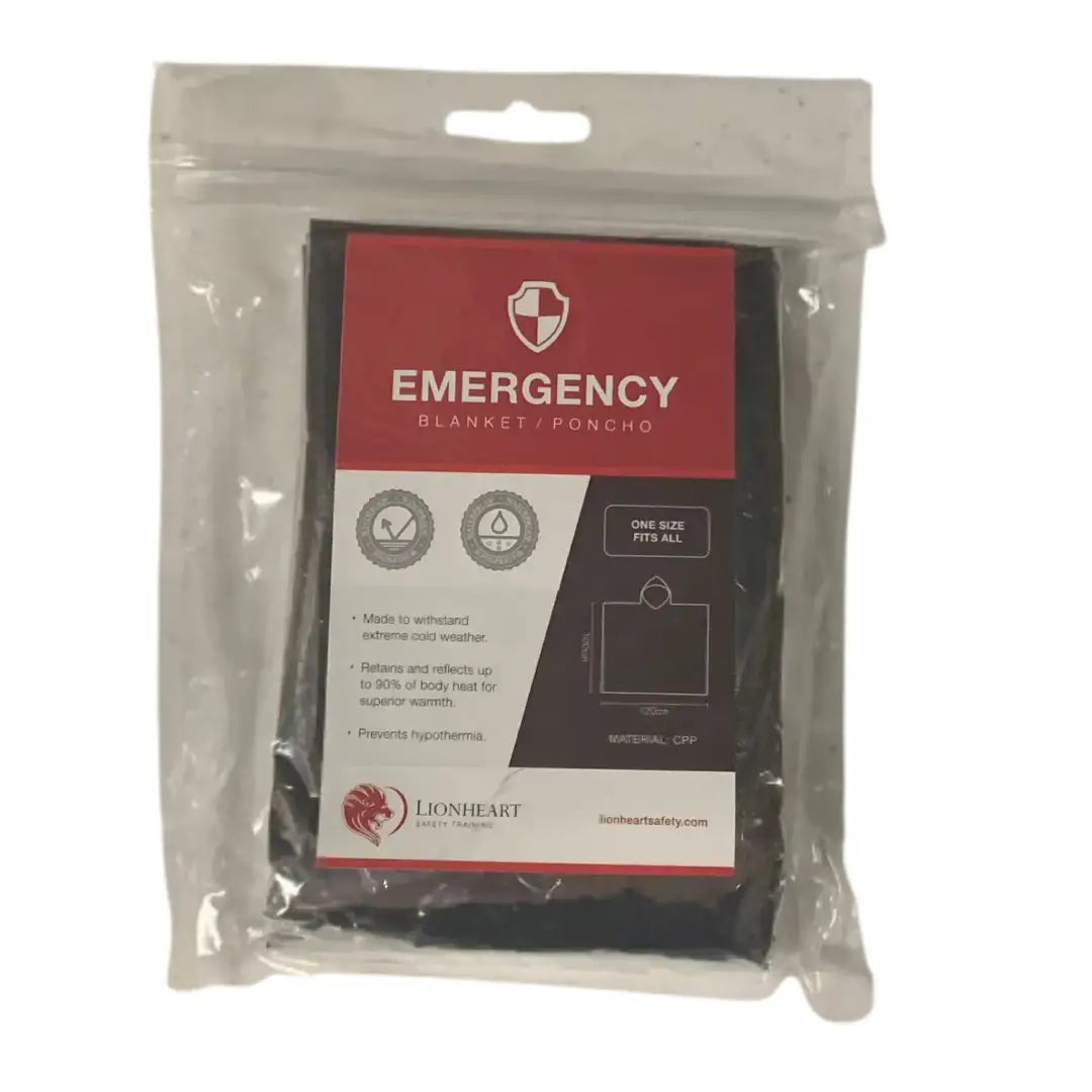 Emergency blanket poncho packaging with Lionheart branding on a white background