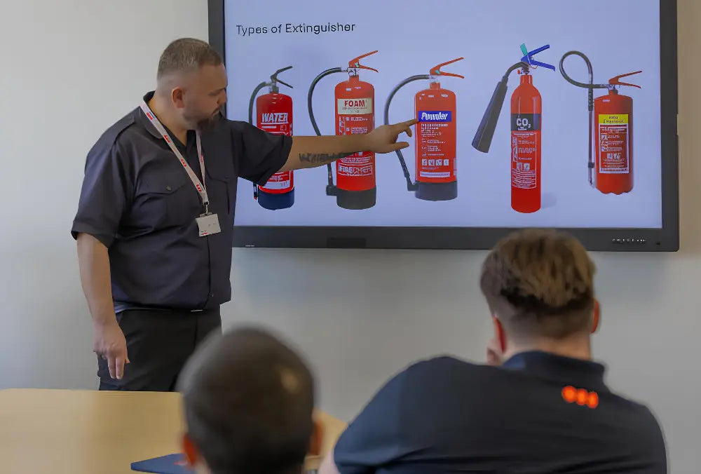 Person explaining types of fire extinguishers in front of a screen showing images.